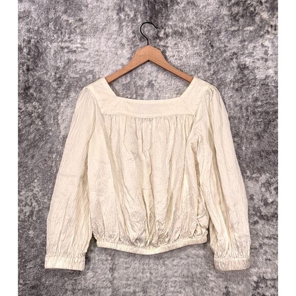 Amber Sakai Top Small Womens Ivory Hammered Silk Long Sleeve Square Neck Blouse - Picture 3 of 9
